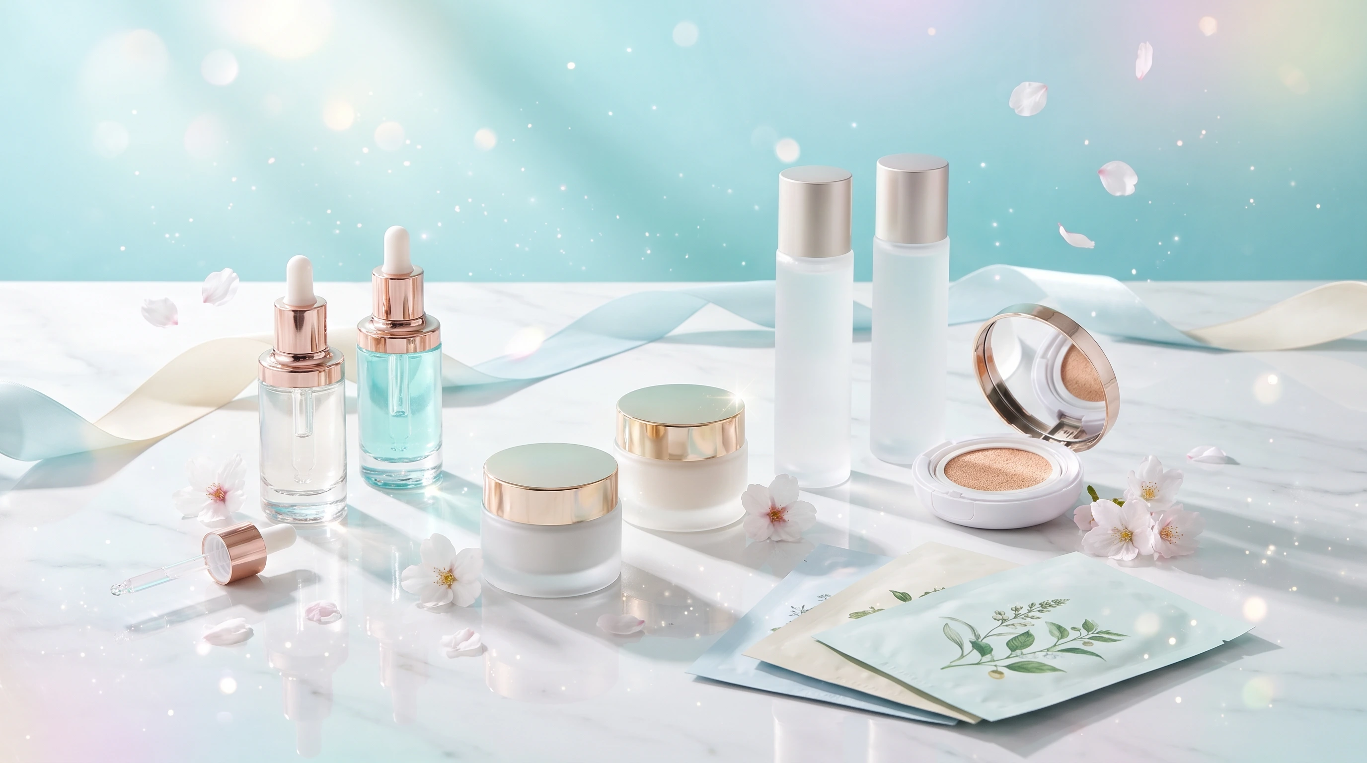 Tiffany Blue 背景下陳列的韓國正品護膚品、精華、面霜及彩妝 — K Market Cosmetics 香港韓國美妝網店